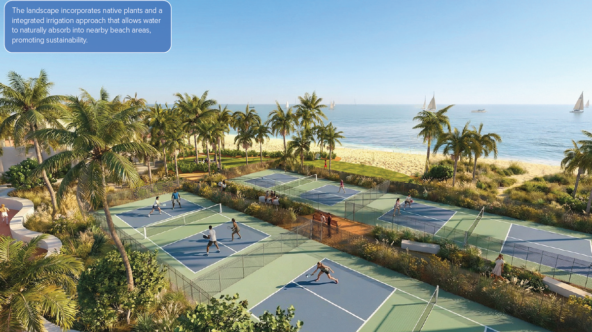 A rendering by design firm Edsa of a proposed renovation of Fort Lauderdale Beach Park, which includes new pickleball courts and basketball courts. The Fort Lauderdale City Commission discussed the redesign at a May 5 meeting.